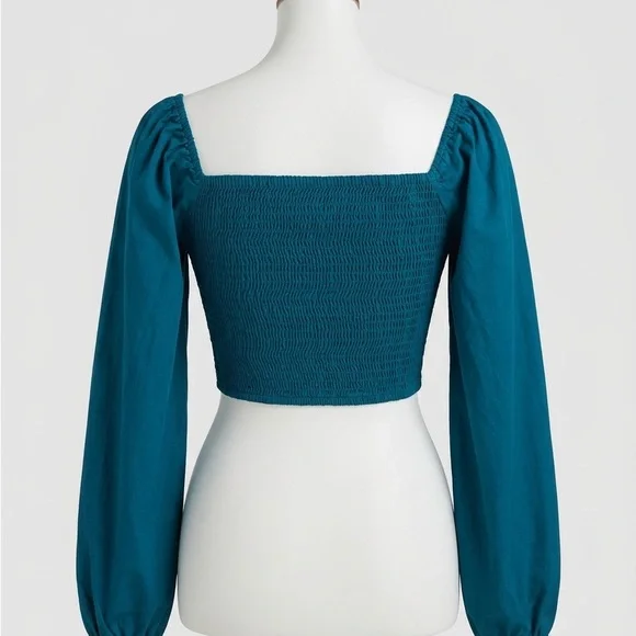 Jaspa Teal Long Sleeve Corset Crop Top Smocked Back Small - Picture 2 of 6